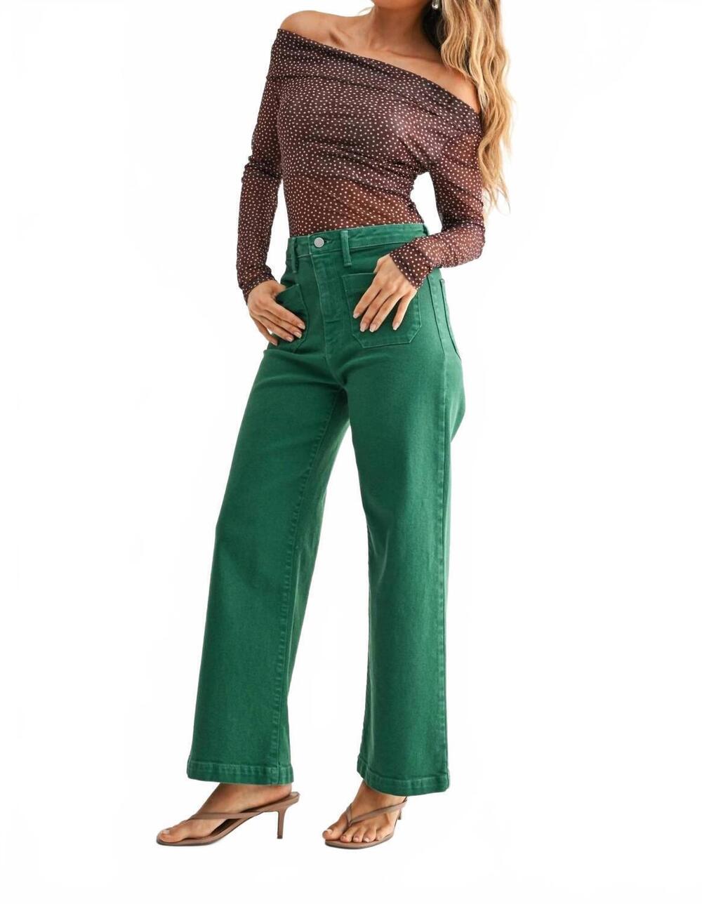 NEW JUST BLACK DENIM patch pocket wide leg jeans in green - Picture 5 of 5